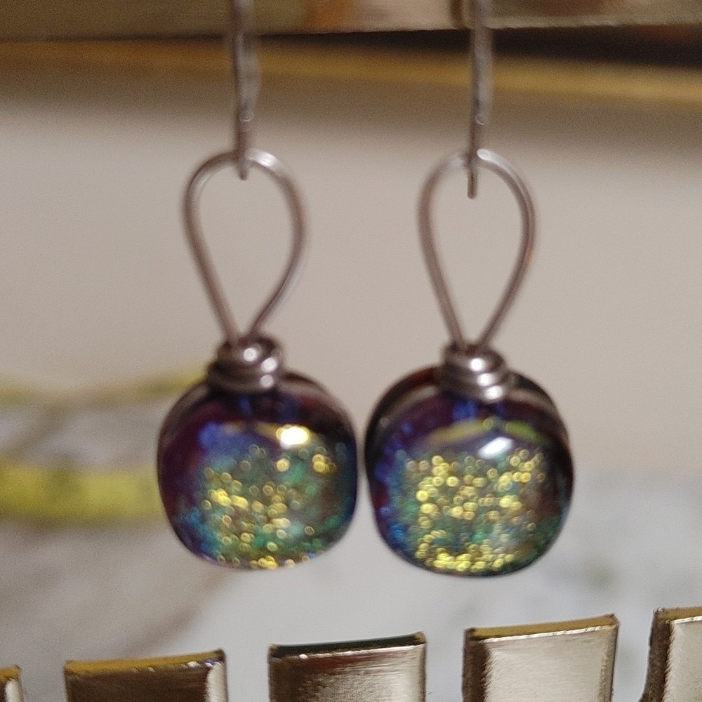 Round Dichroic Glass Sterling Wrapped Earrings - Picture 5 of 16